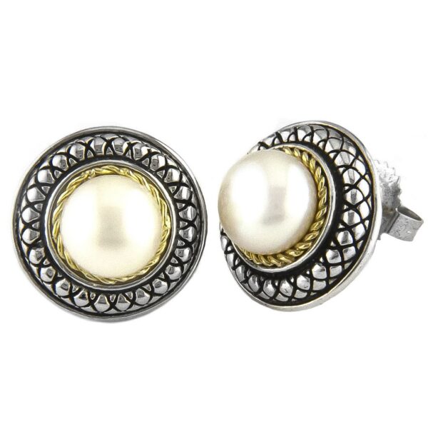 Andrea Candela 18K and Sterling Silver White Pearl Stud Earrings
